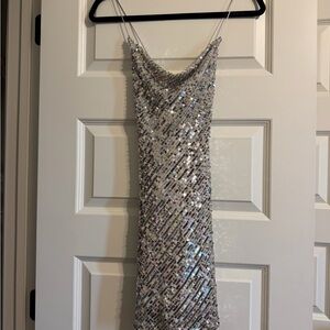 Zara Silver Sequin Cowl Slip Dress